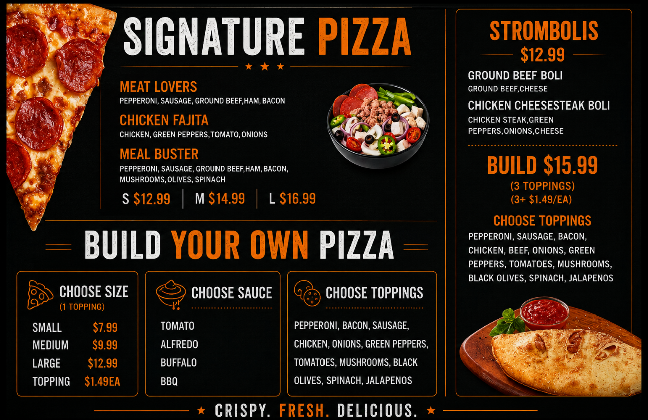 Smoke & Eat signature pizza and stromboli menu board with prices