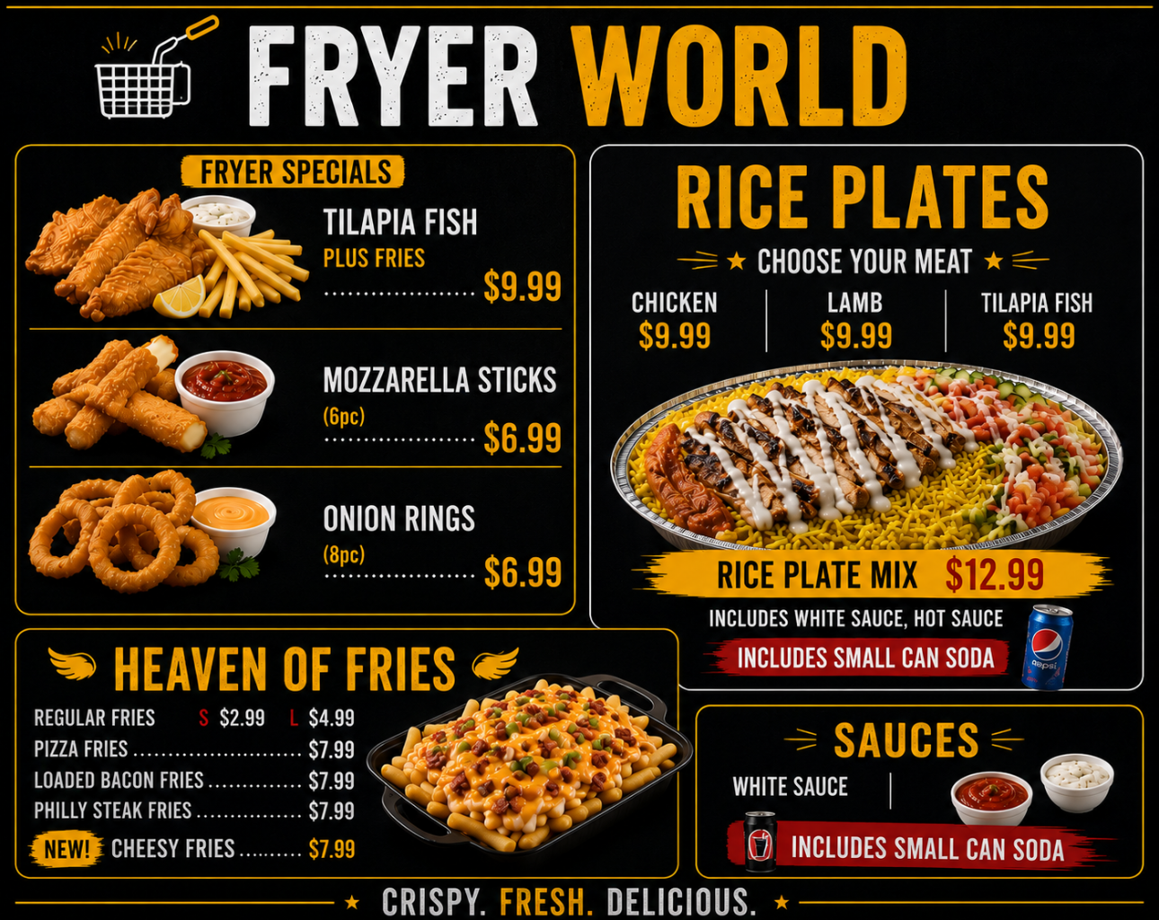 Smoke & Eat Fryer World menu board with fryer specials, rice plates, fries and sauces
