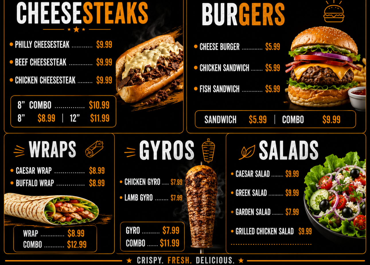Smoke & Eat menu board with cheesesteaks, burgers, wraps, gyros and salads