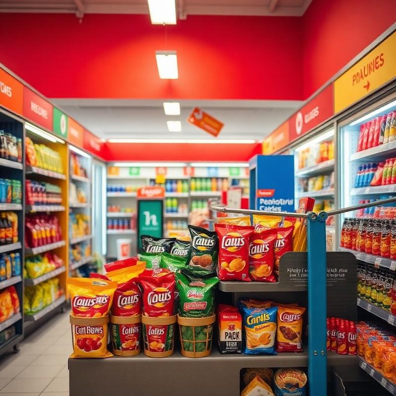Assorted convenience store snacks and drinks